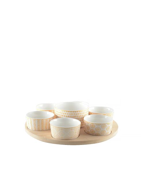 Set apéritif de 7 coupelles sur plateau en bois rond - 30x30x7 cm
