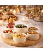 Set apéritif de 7 coupelles sur plateau en bois rond - 30x30x7 cm