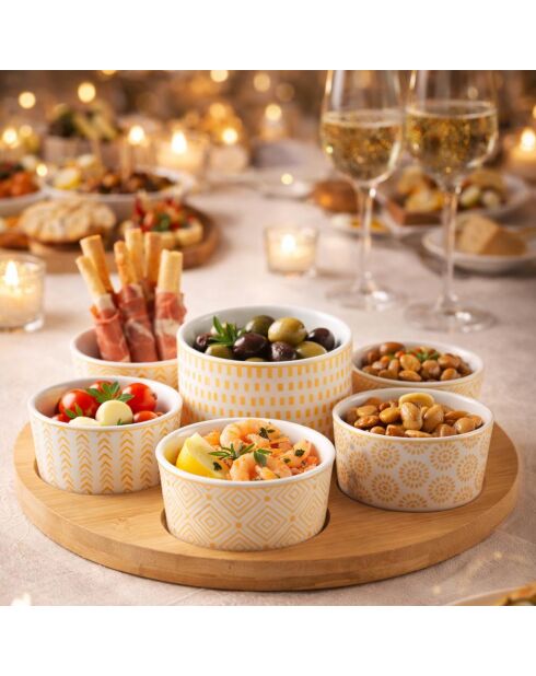 Set apéritif de 7 coupelles sur plateau en bois rond - 30x30x7 cm