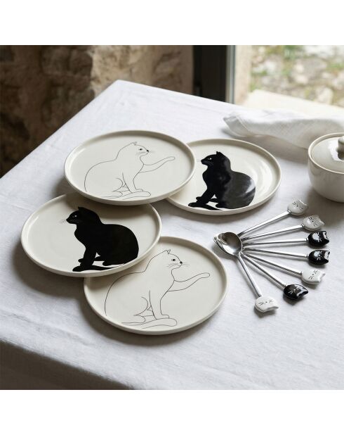 Lot de 4 assiettes à dessert chat noir et blanc - 20x20x2 cm