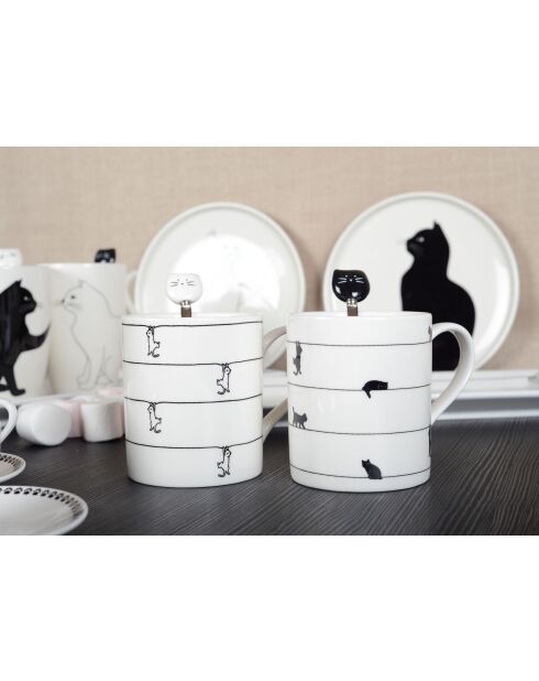 Lot de 2 tasses à thé blanches avec design chat - 8x8x9.5 cm