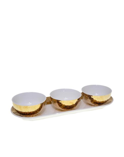 Set de 3 coupelles blanches et dorées sur plateau - 38.3x14x6 cm