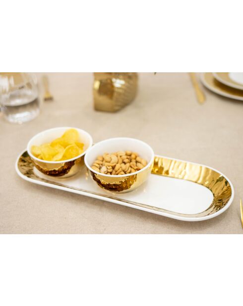 Set de 3 coupelles blanches et dorées sur plateau - 38.3x14x6 cm