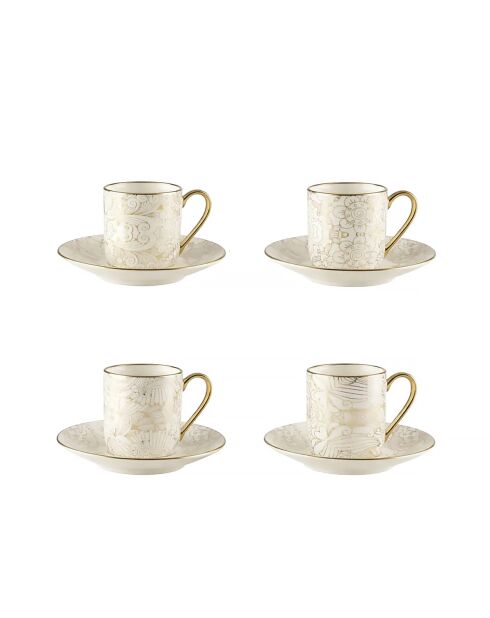 Lot de 4 tasses à café avec soucoupes blanches design abstrait - 11x11x7 cm