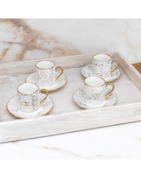 Lot de 4 tasses à café avec soucoupes blanches design abstrait - 11x11x7 cm