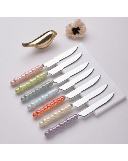 Lot de 6 couteaux à dessert argentés avec manches multicolores - 22x2x0.1 cm