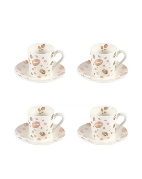 Lot de 4 tasses et sous-tasses grain de café blanc/doré - 8.5x8.5x6 cm