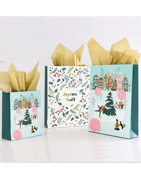 Lot de 3 sacs cadeaux Patinons en famille - 2 sacs 32 x 9 x 42 cm et 1 sac 22 x 10 x 27 cm.