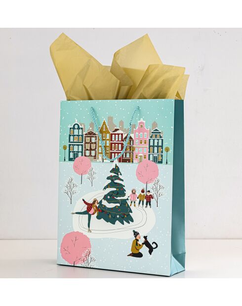 Lot de 3 sacs cadeaux Patinons en famille - 2 sacs 32 x 9 x 42 cm et 1 sac 22 x 10 x 27 cm.