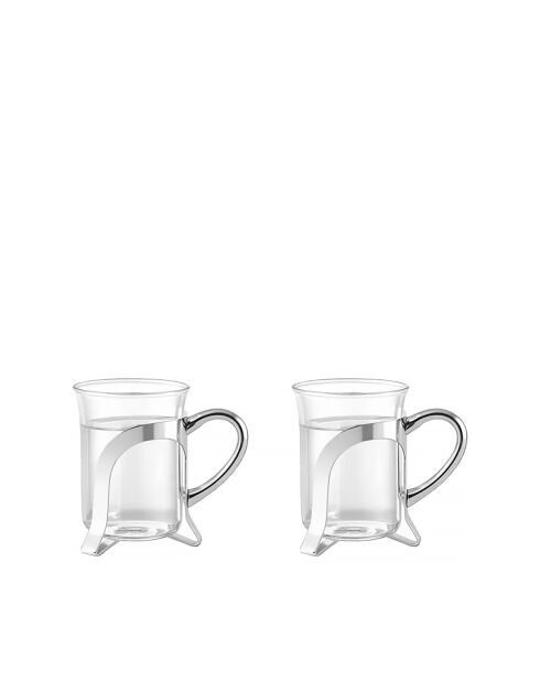 Set van 2 glazen koffiekopjes met zilveren metalen decoratie - 6x6x8,5 cm
