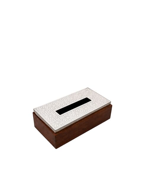 Scatola per fazzoletti in legno con coperchio in metallo argentato - 23x13x6cm