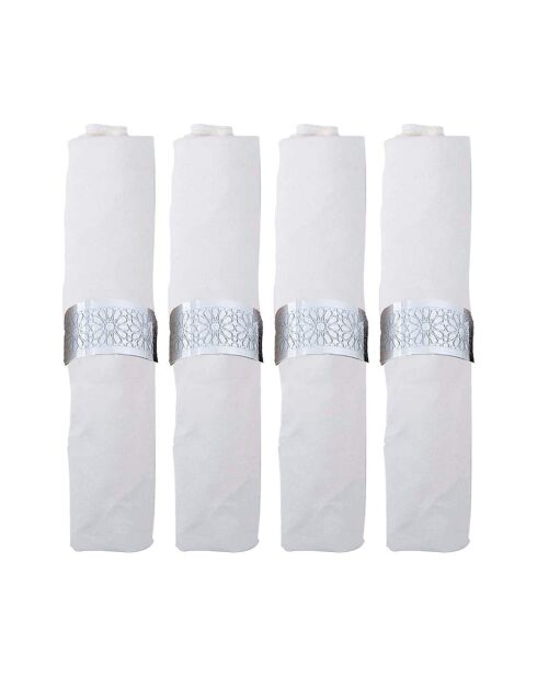 Lot de 4 ronds de serviettes métal argentés design fleurs - 5x5x2.5 cm