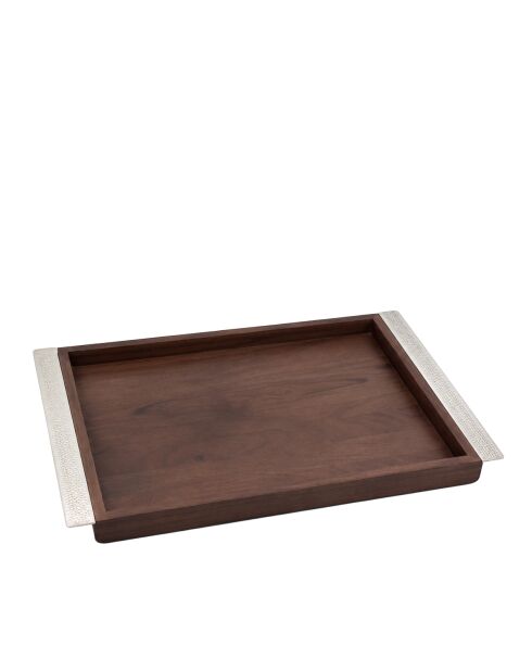 Plateau rectangulaire en bois avec poignées en métal argenté - 44x33x3cm