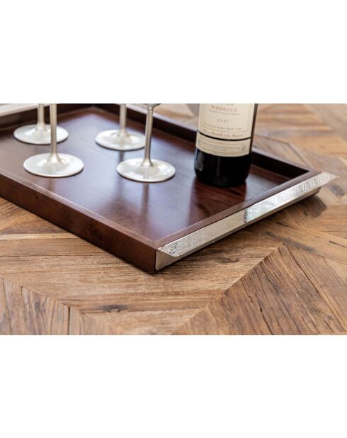 Plateau rectangulaire en bois avec poignées en métal argenté - 44x33x3cm