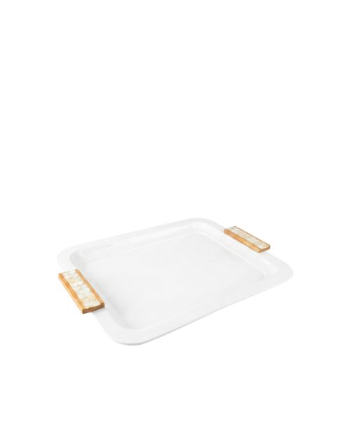 Plateau blanc rectangulaire avec poignées en bois - 41x31x2cm