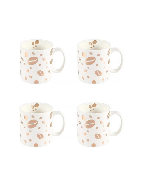 Lot de 4 mugs grain de café blanc/doré - 8.2x8.2x10.5 cm