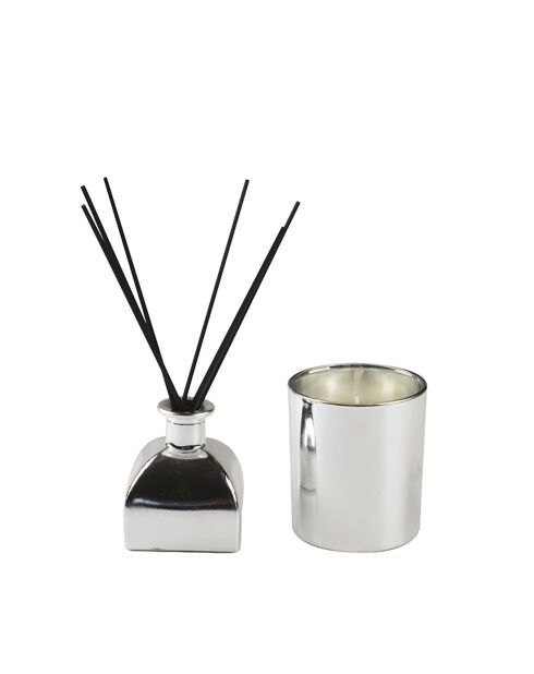 Coffret bougie & parfum d'ambiance parfum freesia argenté - 27x20x9cm
