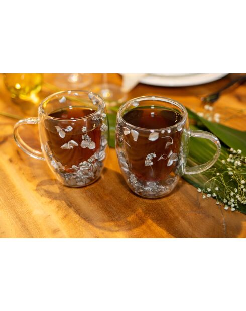 Set van 2 dubbelwandige zilveren theekopjes met bloemen - 350 ml