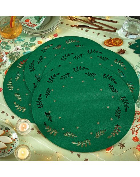 Lot de 4 dessous d’assiettes Jardins de Sartène en feutrine verte - Ø 37 cm.