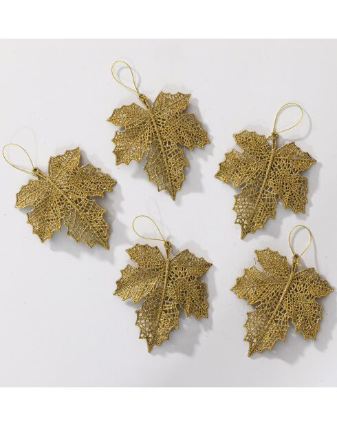 Lot de 5 suspensions Autour du sapin feuilles dorées pailletées - 11 x H 12,5 cm.