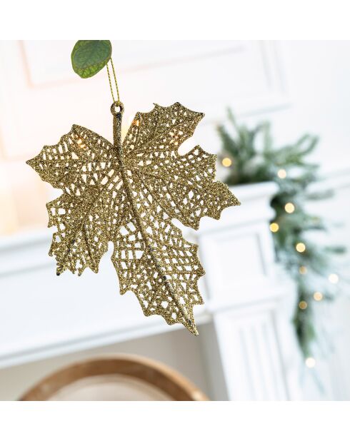 Lot de 5 suspensions Autour du sapin feuilles dorées pailletées - 11 x H 12,5 cm.