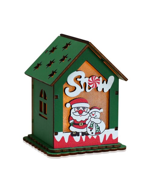 3 pièces de maison du Père Noël suspendue en bois vert - 7.5x10x7.5 cm