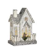 Natuurlijke houten huisfiguur met lichtjes en witte glitter — 24,5x12x32 cm
