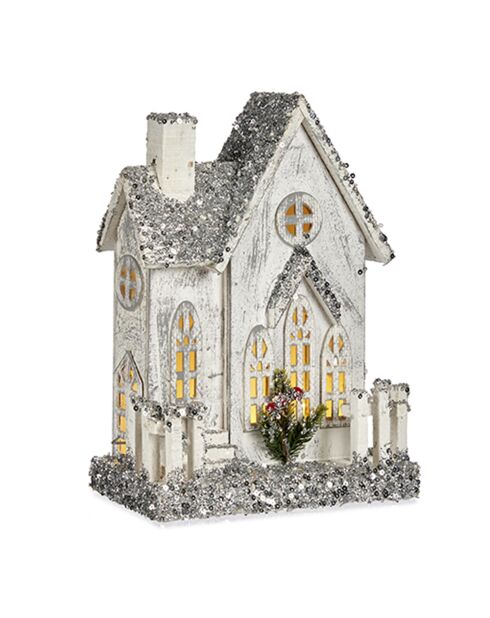 Figurine de maison en bois naturel avec lumières et paillettes blanches – 24.5x12x32 cm