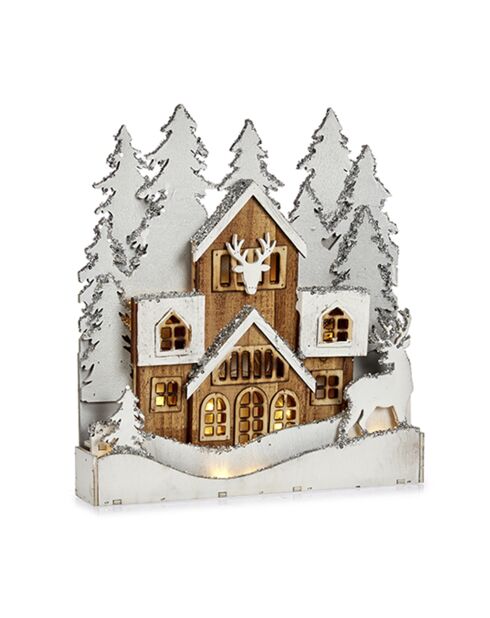 Figurine de village en bois blanc avec renne pailleté  blanches - 44x6x44.5 cm