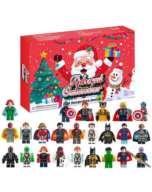 Calendrier de l'Avent 24 figurines de super-héros multicolores - 37x3.5x23 cm