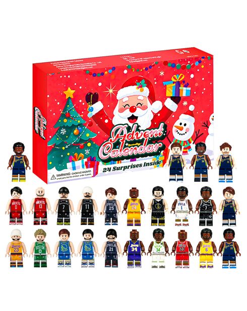 Calendario dell'Avvento 24 figure multicolori di giocatori di basket - 37x3,5x23 cm