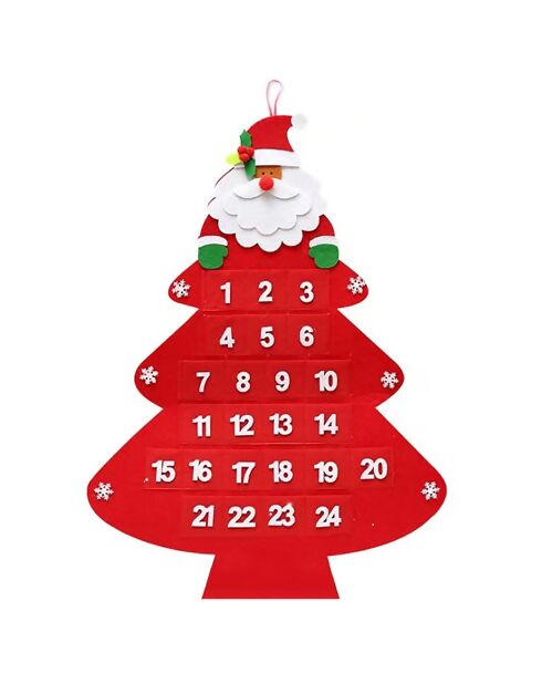 Albero di Natale e calendario dell'avvento da appendere a forma di Babbo Natale rosso - 43x0,5x59 cm
