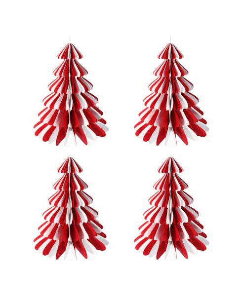 Lot de 4 sapins de Noël en papier rouge et blanc - 10x8.8 cm