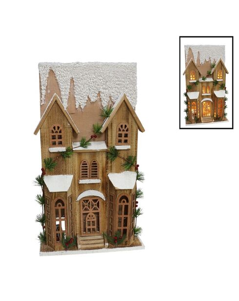 Casa natalizia siberiana in legno naturale. 20 luci marroni — 35x9x60 cm