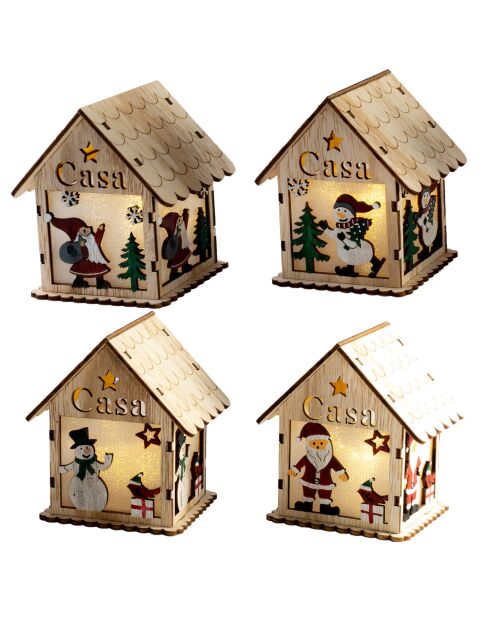 Casa decorativa in legno con illuminazione a LED beige - 9,5x8x11 cm