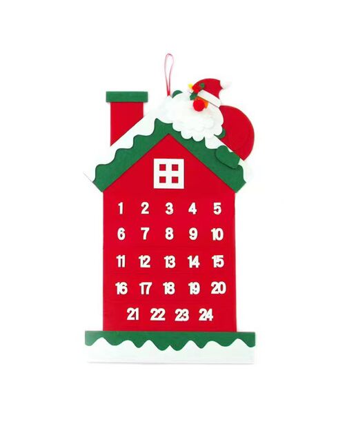 Calendario dell'Avvento con disegno della casa. caminetto e Babbo Natale rosso - 35x0,5x59 cm