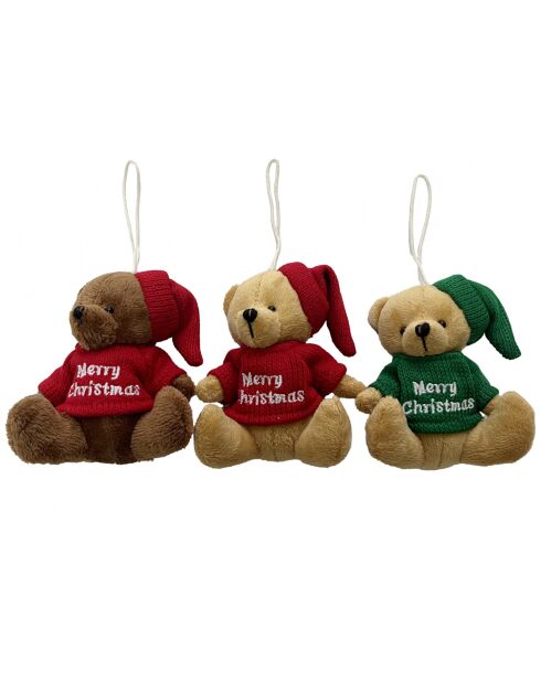 Lot de 3 pendentifs ours avec maillot « Joyeux Noël » multicolores - 10 cm