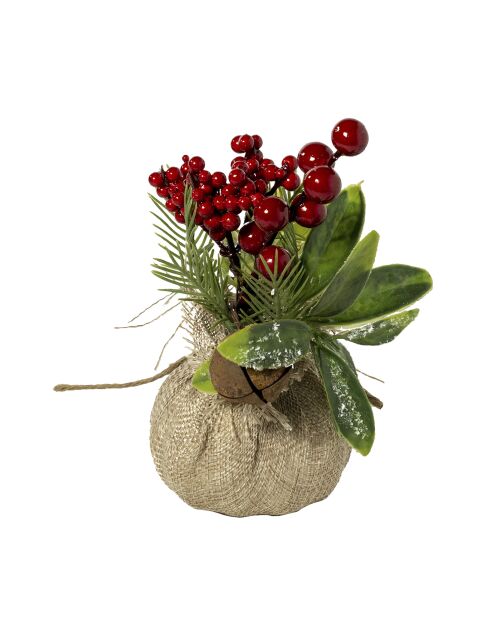 Vase en rotin orné de cerises vert - 17x17x22 cm