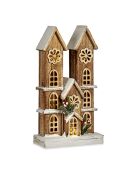 Natürliche Holzhausfigur mit Lichtern und braunem Glitzer — 25x9x44,5 cm