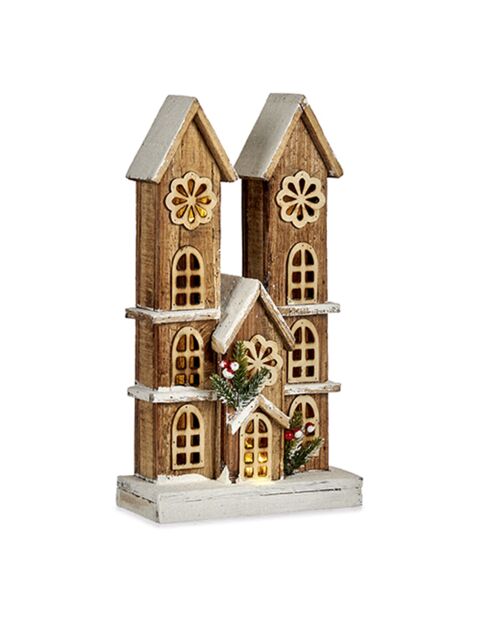 Figurine de maison en bois naturel avec lumières et paillettes marron - 25x9x44.5 cm