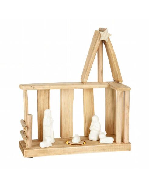 Crèche avec étable et éclairage LED bois - 35x12x33 cm