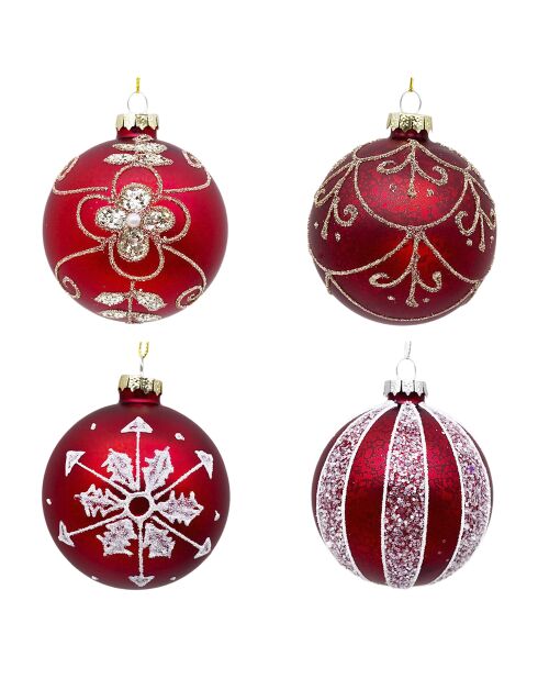 Lot de 4 boules de Noël rouges - 8 cm