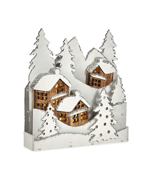 Figura del villaggio in legno bianco con albero glitterato bianco - 44x6x44,5 cm