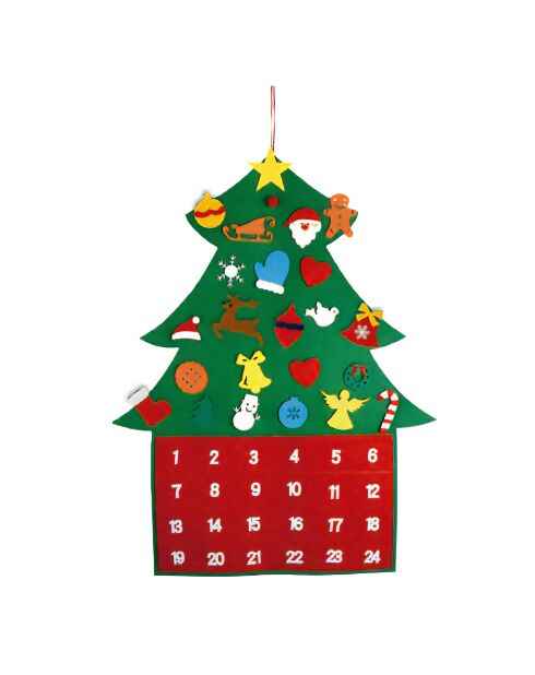 Calendario dell'avvento in feltro a forma di albero di Natale rosso - 65,5x84,5 cm