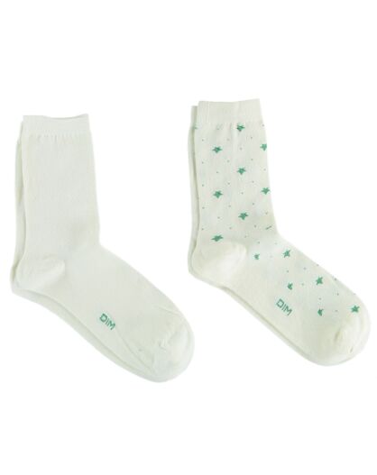 2 paires de chaussettes Coton Style medium écrues étoiles vertes