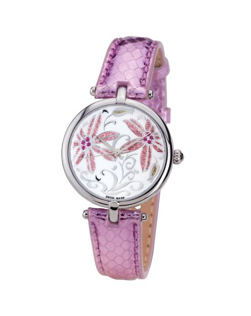 Montre Femme  en Cuir Fleurs Volantes violette