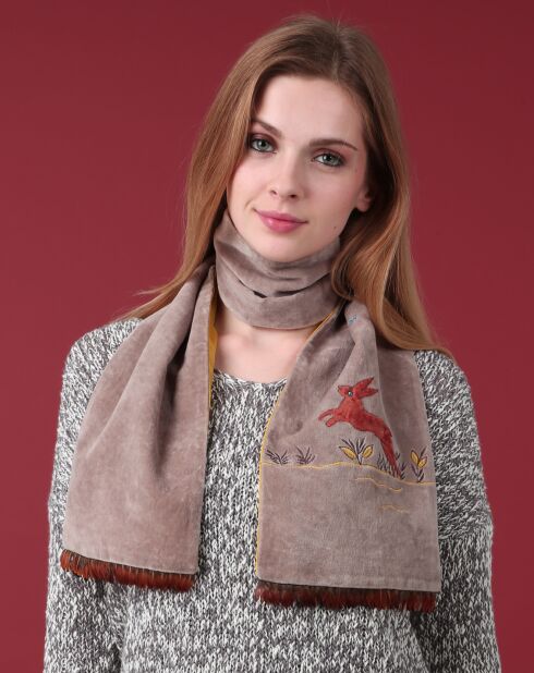 Foulard lapin en velours de coton  taupe/jaune - 20x130 cm