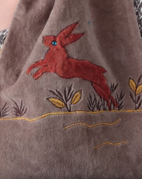 Foulard lapin en velours de coton  taupe/jaune - 20x130 cm