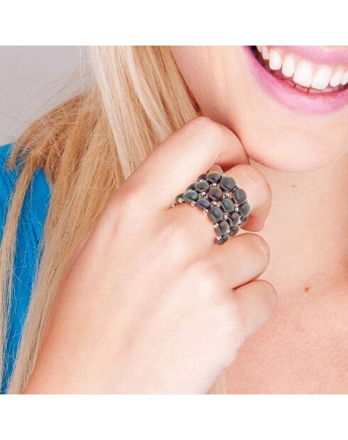 Bague élastique 3 rangs Perles d'Eau Douce noires