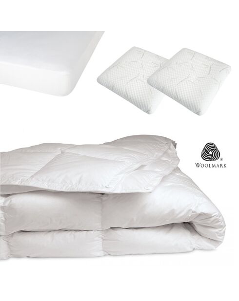 Pack 4 pièces blanc : 2 Oreillers + Protège-Matelas + Couette - 180x200 cm